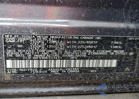 2021 Toyota Rav4 Le из США, поврежденный, VIN 2T3F1RFVXMC231411